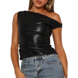 Limerose Womens Off Shoulder Top Sleeveless Shirts Faux Leather Slim Fitted Tank Top (Medium, Black)