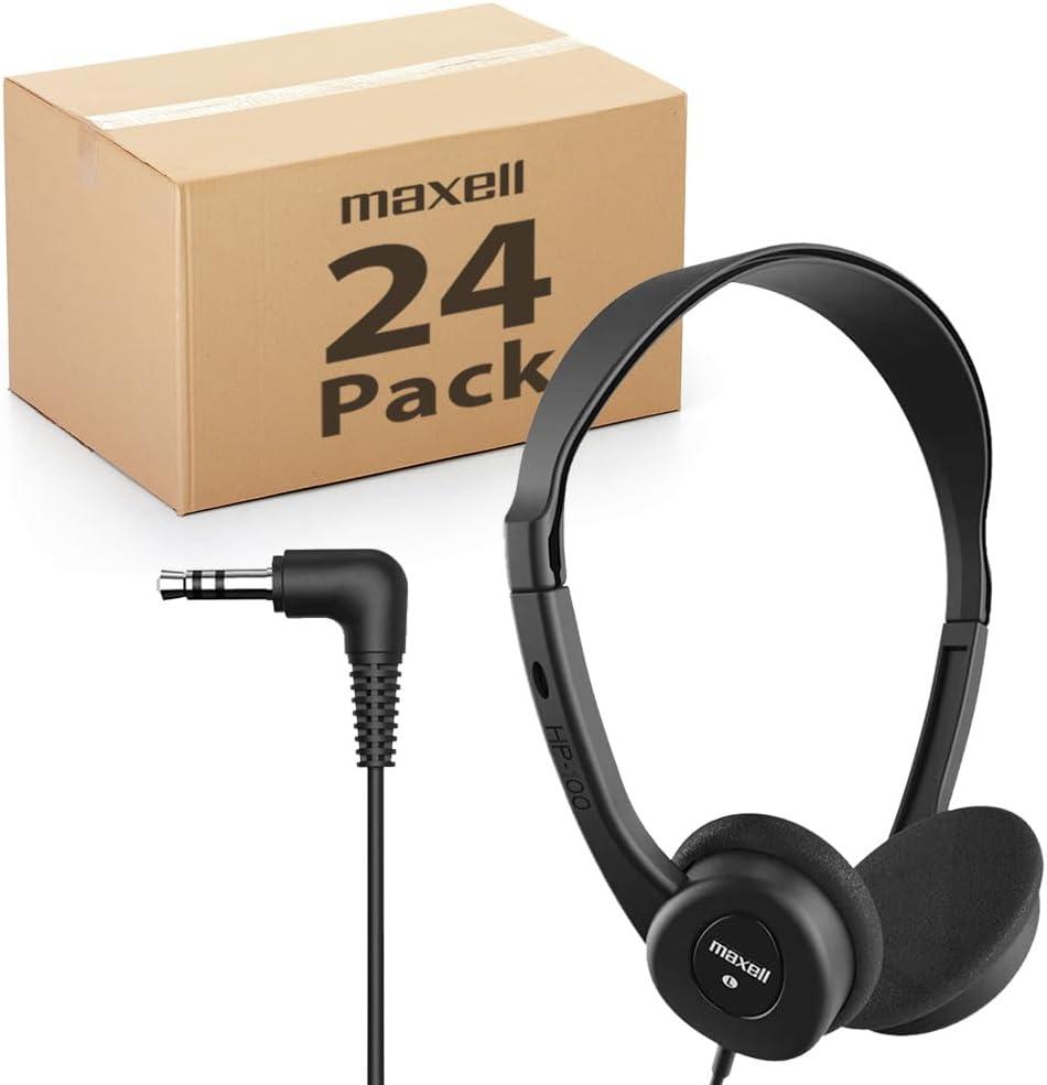 Maxell Teachers 24 Pack Stereo Headphones - 3.5mm Cord with 6-Foot Length, Soft Padded Ear Cushions, Adjustable Headband for Comfort, Sleek, Lightweight, Wired for Reliable Connection, 190319M Black