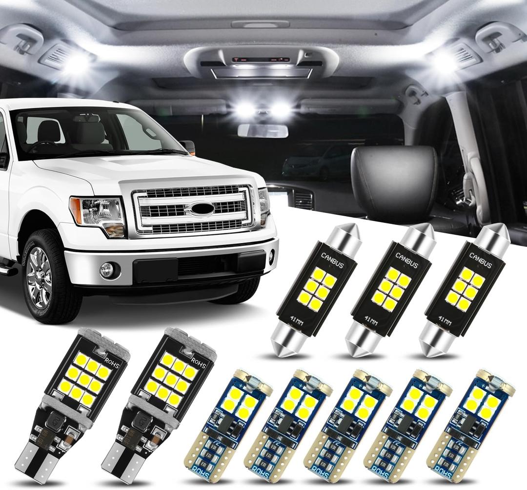 Auto Dynasty 10 Pieces 12V 5500K Interior Car Dome Map Cargo License Plate LED Light Bulbs Kit Compatible with Ford F-150 2009-2014, Pure White