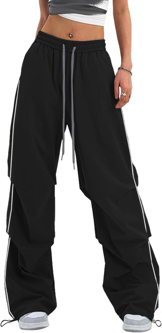 Bakyarder Womens Y2K Baggy Parachute Pants High Waist Wide Leg Casual Track Pants with Adjustable Drawstring Waist (X-Large, Black)