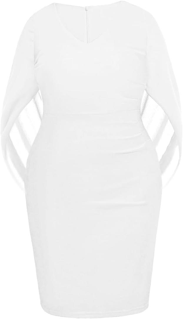 Talisea Plus Size Wedding Guest Dress - Semi Formal Cape Dress for Women | Elegant chiffon cape dress, semi formal cocktail party bodycon style for curvy women. (White, 18 Plus)
