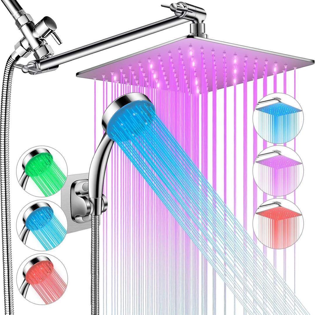 LED Shower Head with High Pressure 10'' Rain Shower Head, 11'' Adjustable Extension Arm, Color Changing Based On Water Temperature, Stainless Steel, 60'' Hose, Chrome