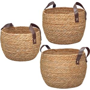 Round Wicker Woven Seagrass Storage Baskets with Leather Handles Set of 3, Natural Decorative Braided Rope Wicker Baskets Bins for Shelves Blankets Organizing, 13", 12" & 11"