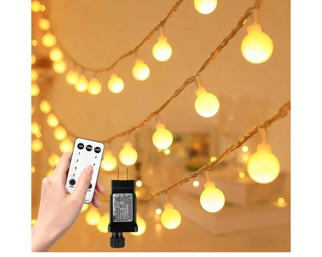 RaThun 49.2ft Globe String Lights with 16ft Extended Lead & Stable Remote - 100 LED Warm White, 8 Distinct Modes, IP44 Waterproof, UL Certified, Linkable for Indoor Outdoor Wedding Party Decor