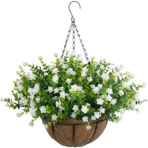 Artificial Hanging Flowers Basket, 12 UV-Resistant Bundles of Realistic Fake Flowers, Faux Plants for Outdoor Decor, Home, Garden, Porch, Patio, Spring & Summer Decorations, White