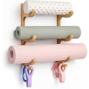 Geelin 3 Tier Yoga Mat Holder Wooden Wall Mount, Yoga Mat Gym Equipment Storage with 4 Hook for Hanging Foam Rollers and Resistance Bands, Storage Holder for Home Gym or Fitness Class