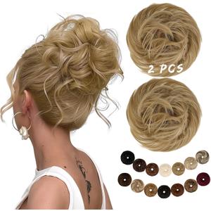 2PCS Messy Bun Hair Piece Large Wavy Scrunchies Synthetic Chignon Ponytail Hair Extensions Thick Updo Hairpieces for Women 1.76oz each(Ash Blonde)