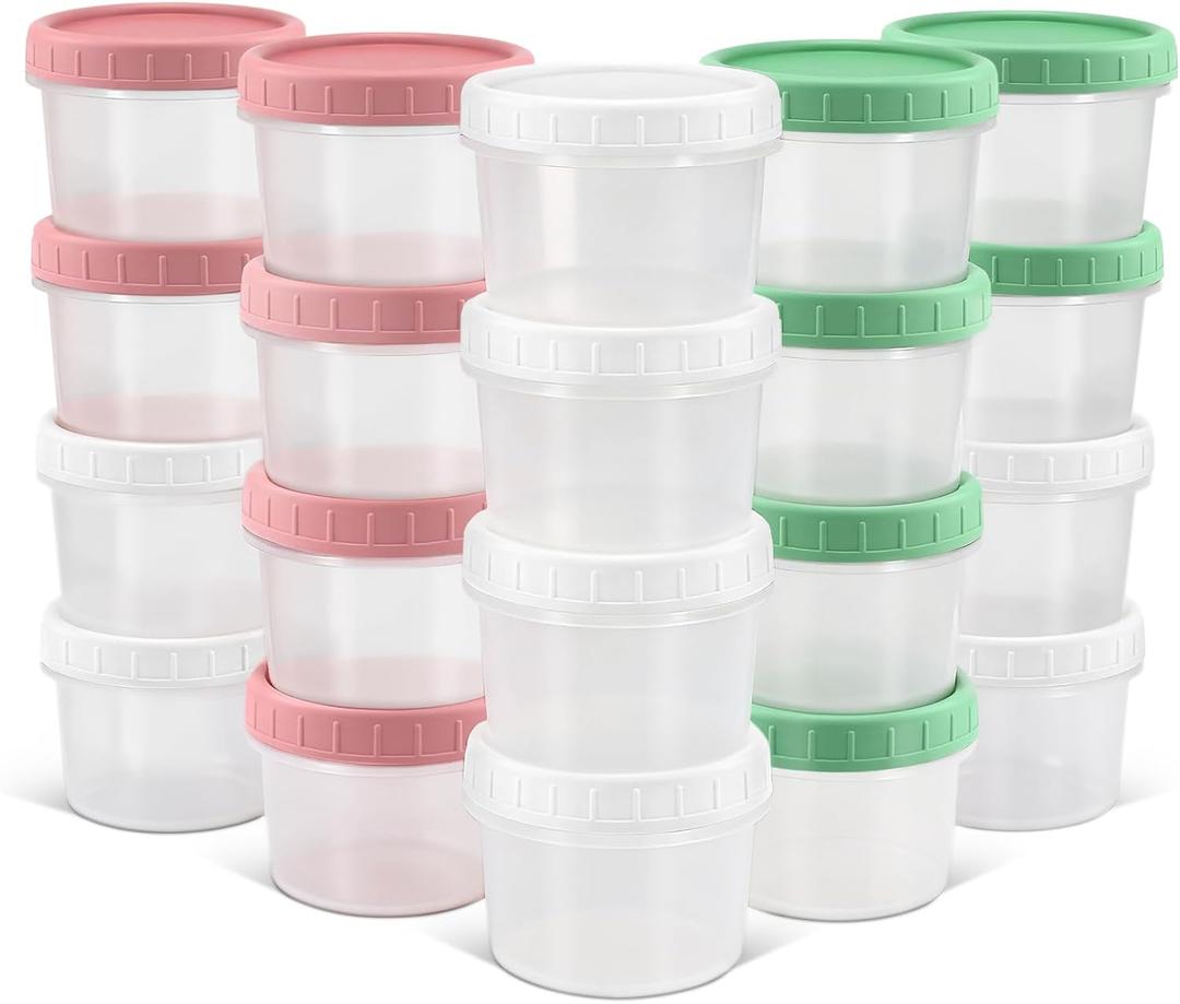 DEMORA 6 oz Small Plastic Containers with Twist on Lids [20 Sets], Stackable Little Food Storage Containers for Snack Lunch Meal Prep Salad Dressings, Freezer/Microwave/Dishwasher Safe, BPA Free (Translucent)