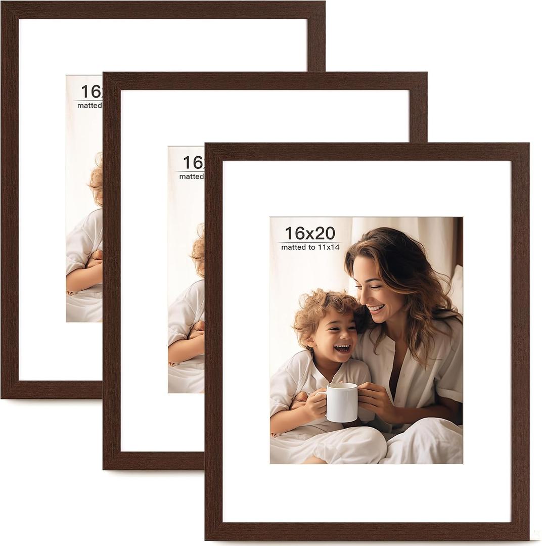 FinalFind 16x20 Picture Frame with Mat for 11x14 Set of 3, Drak Brown Wood Grain 16x20 Frames for Horizontal & Vertical Wall Mounting (3 Pack,Walnut)