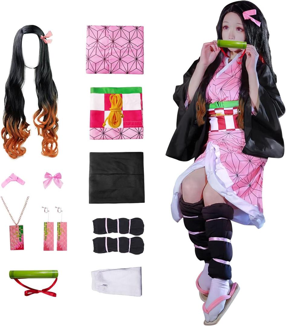 11 pcs Cosplay Costume Kimono for Kids Adults Robe Japanese Anime Costume Halloween Kimono Outfit (Small)