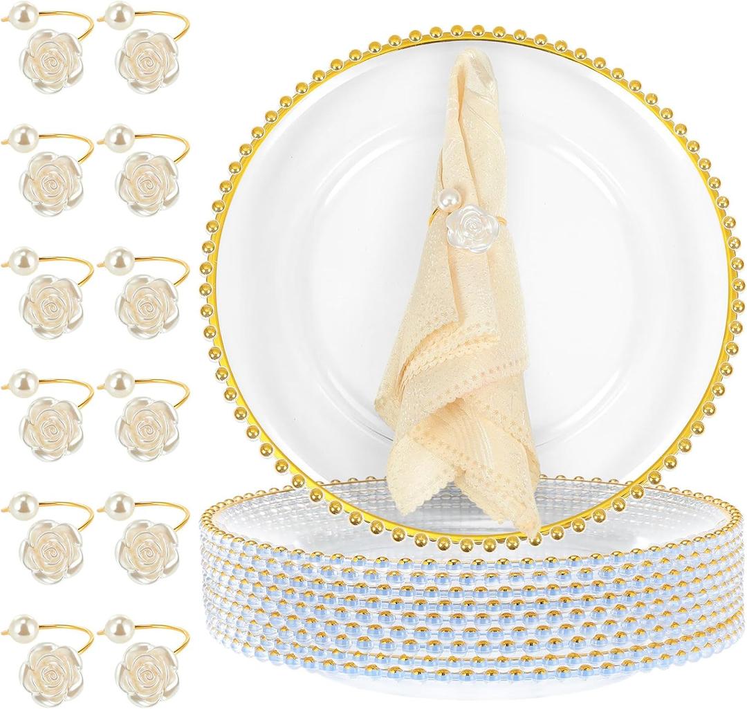 Tioncy 12 Set Clear Charger Plates with Napkin Rings 13 Inch Plastic Round Charger Plates with Bead Rim Dinner Table Decor for Christmas Holiday Party Wedding Tabletop Decoration(Rose,Gold)