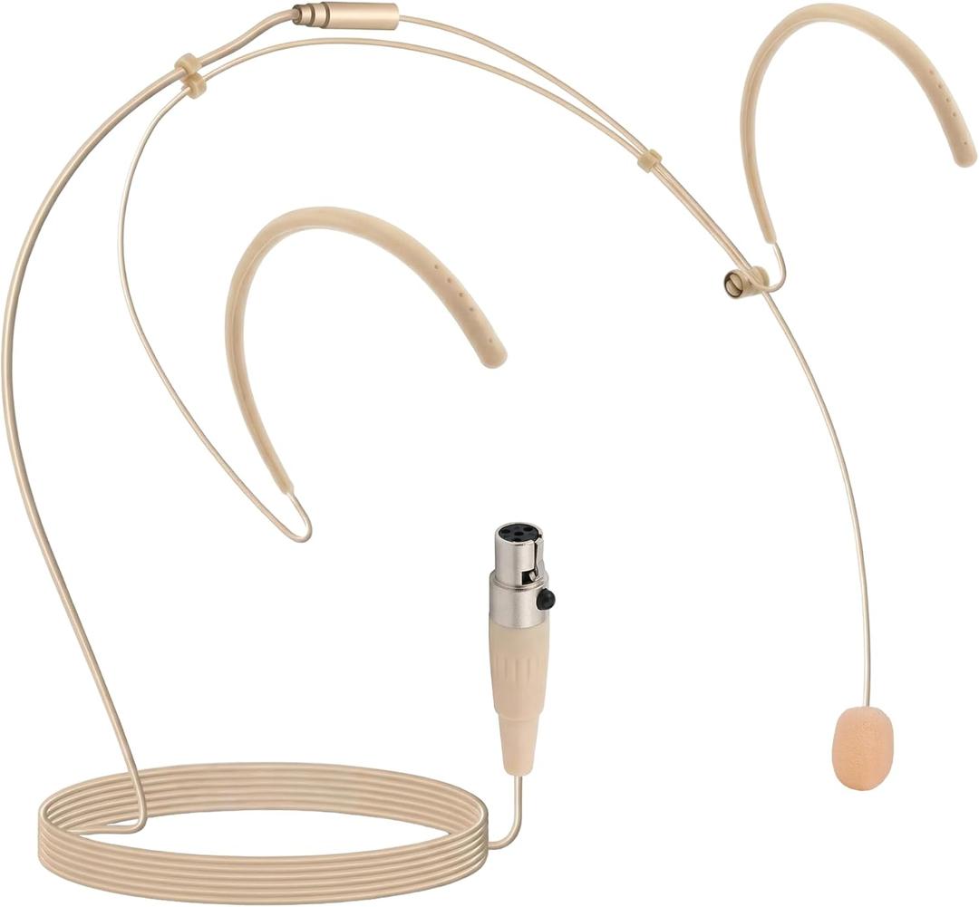 Pyle Pro Dual Over-Ear Headset Microphone - Professional Hands-Free Omni-Directional Boom Condenser Mic with 4-Pin Mini XLR, 3.9ft Cable, Windscreen - Secure Fit, Pro Audio for Presentations (Beige)