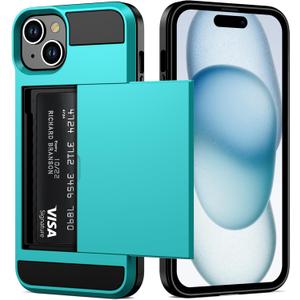 Vofolen Case Compatible with iPhone 15 with Card Holder, Dual Layer Shockproof Wallet Phone Case Hidden Card Slot Sliding Protective Hard Shell Back Cover Slim Case for iPhone 15, 6.1 Inch Sky Blue