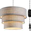 Plug in Pendant Light, Hanging Lamp with Dimmable Switch, Hanging Light Fixtures with 15 Ft Cord, Swag Light with Grey Fabric Shade for Bedroom, Kitchen, Living Room, Dining Table (Gray)