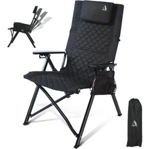 Aluminum Reclining Camping Chair, Heavy Duty Folding Lawn Chairs with 4-Stage Adjustable High Back for Adults, Compact Foldable Outdoor Patio Reclining Chair (Black, 1 Pack)