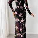 BTFBM Wedding Guest Dresses for Women Spring Fashion 2026 Bodycon Crew Neck Long Sleeve Boho Mesh Floral Maxi Fall Dress(Black Pink, Medium) (Black, M)