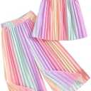RoseSeek Girl's 2 Piece Boho Outfits Pleated Spaghetti Strap Camisoles and Elastic Waist Wide Leg Pants, Size 5Y