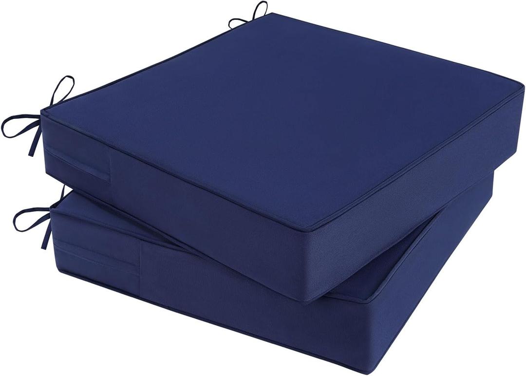 Outdoor Chair Cushions 24x24x4 Inch, Waterproof Blue Patio Furniture Cushions Set of 2 with Ties & Handle, 3 Year Color Fastness Square Replacement Seat Cushions for Sofa, Couch