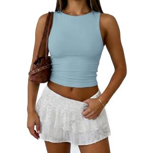 ATHMILE Womens Double Lined Crop Tank Tops Casual Basic Shirts Sleeveless Workout Tops Cute Summer Clothes Teen Girls, S