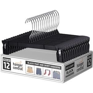 Hanger Central 12 Pack Space Saving Heavy Duty Slim Plastic Pants, Skirts, Shorts Hangers, Ridged Non-Slip with Pinch Clips, 360-Rotating Chrome Swivel Hook, in Black, 12 Inches