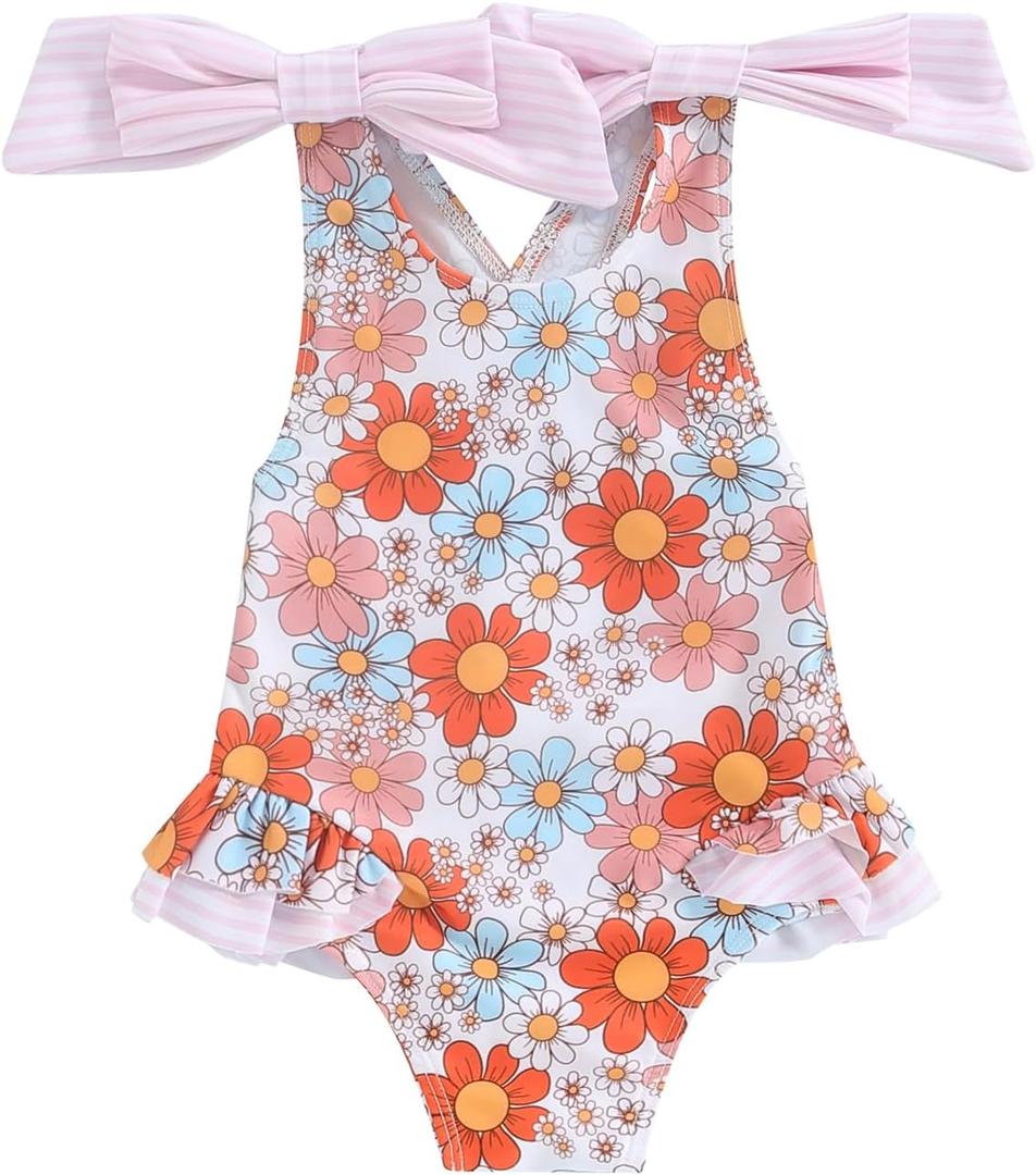 Yccutest Toddler Girls Strap One Piece Swimsuit Floral Sleeveless Backless Bathing Suit Ruffles Bowknot Swimwear Summer Beach (White, S)
