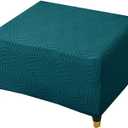 Square Stretch Soft Ottoman Cover 3D Jacquard Square Footrest Stool Slipcovers with Elastic Bottom (Deep Teal,Large)
