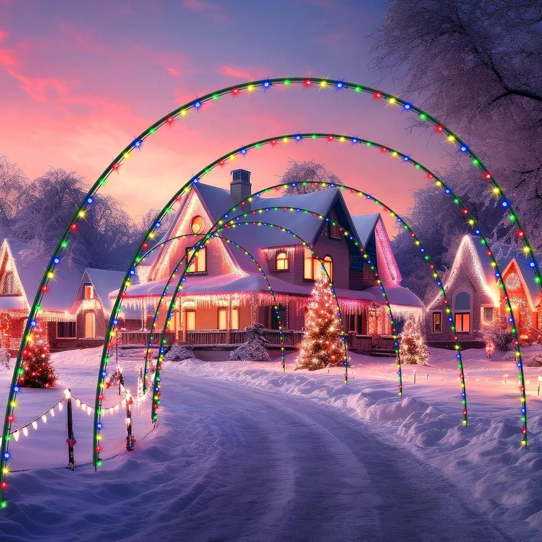 Geetery 6 Pack 10FT Christmas Archway Outdoor, 8 Mode LED Light Arch Metal for Christmas Holiday Driveways, Easy Assembly, Reusable, Doorway Pathway Garden Yard Lawn Passage Decoration (Multicolor)