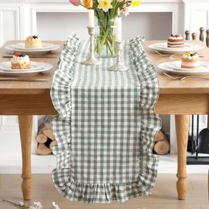 Tegeme Sage Green Gingham Ruffled Table Runner 12 x 72 Inch 100% Washed Cotton Decorative Farmhouse Table Runner Vintage Checkered Plaid Cabinet Cover for Home Kitchen Dinner Party Decorations