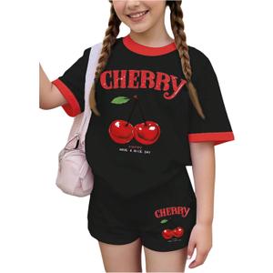 RoseSeek Girl's 2 Piece Summer Outfits Short Sleeve Camo T Shirt and Mini Shorts Clothing Set Tracksuit (Black)