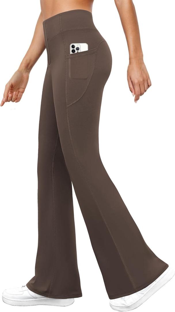 DLOODA Womens Yoga Pants with Pockets High Waisted Flare Leggings Bell Bottom Tummy Control Workout Bootcut Leggings (Large, Brown)