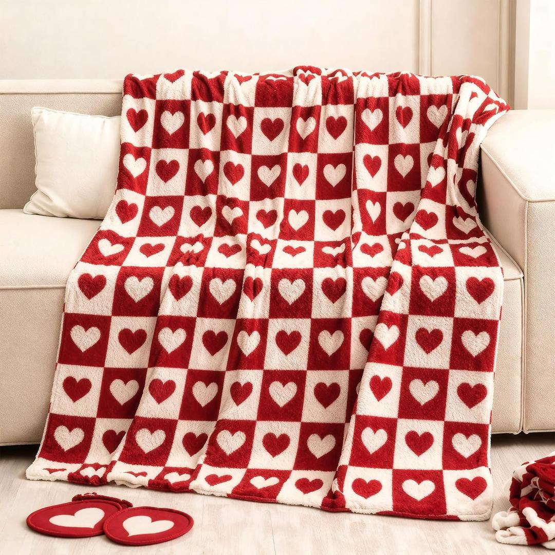Valentine's Day Knitted Throw Blanket 50 x 60 Inch Red and White Buffalo Plaid Checkered Love Heart Blanket Home Decor Fluffy Microfiber for Wedding Anniversary Party Gift Bed Sofa Chair