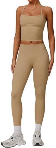 QBGJTD Women's Workout Sets Two Piece Cross Back Tank Top Matching High Waist Leggings Sets Gym Outfits Work Out Clothes S