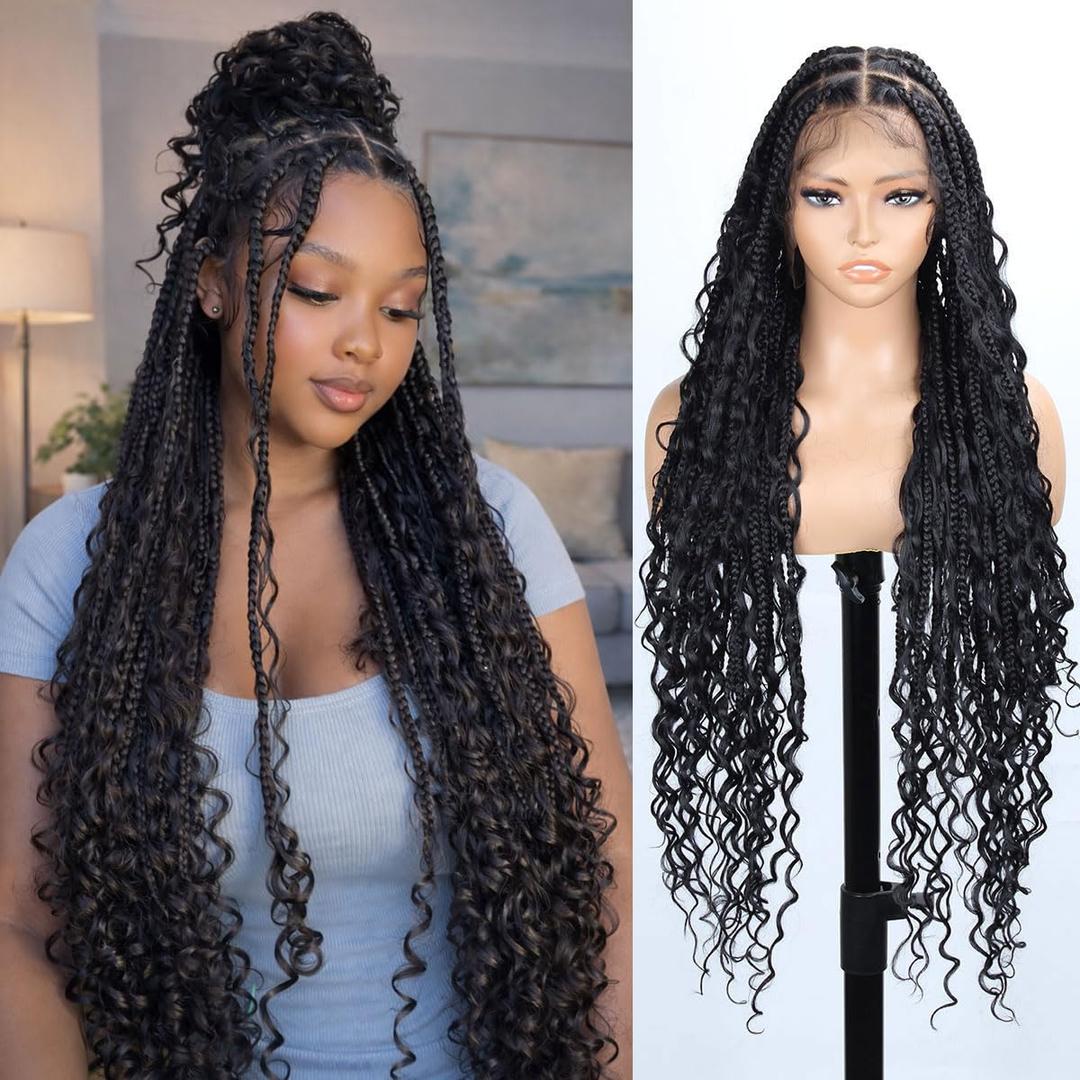 36 inch Single Full Lace Boho Braided Wigs for Black Women, 360 HD Lace Knotless Box Braid Wigs with Baby Hair Black Synthetic Braid Wig