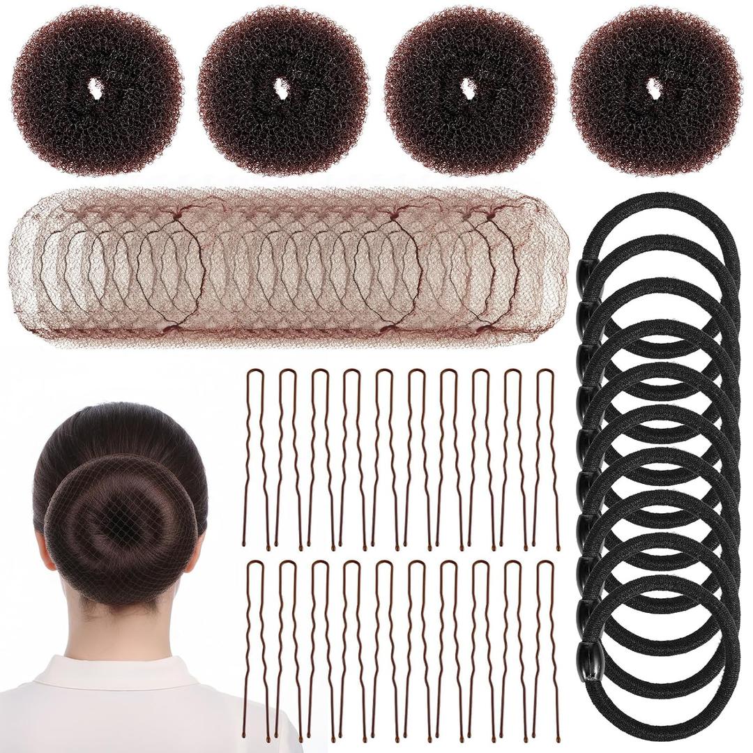 Brown Hair Bun Maker Kit - 4-in-1 Donut Sponge Hair Styling Set for Perfect Buns, Professional Hairs Net & U-Pins for Ballet, Dance