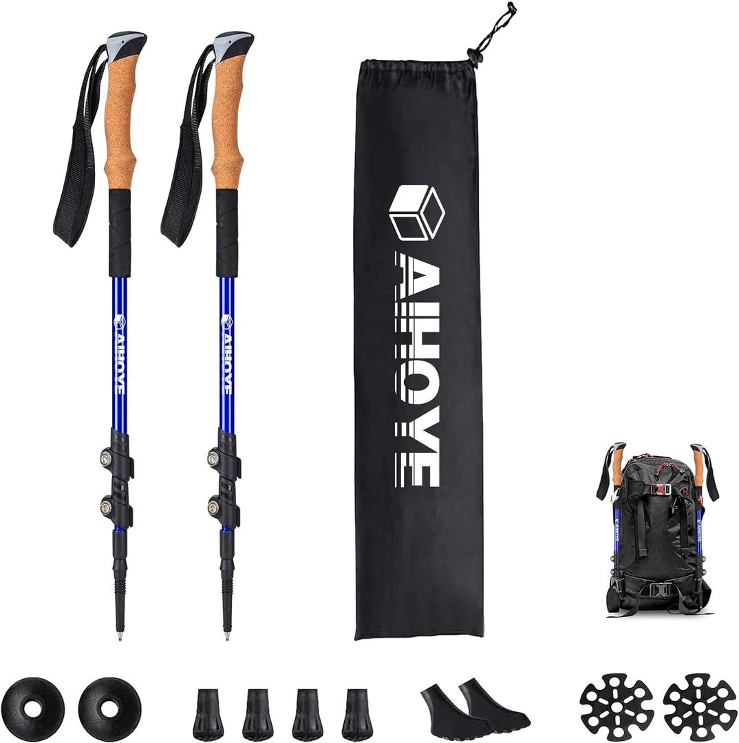 Aihoye Trekking Hiking Poles - 2 Pack Adjustable Walking Sticks, Collapsible Lightweight Aluminum 7075, Hiking Sticks with Quick Flip-Lock and Comfortable Cork Grips (Blue)
