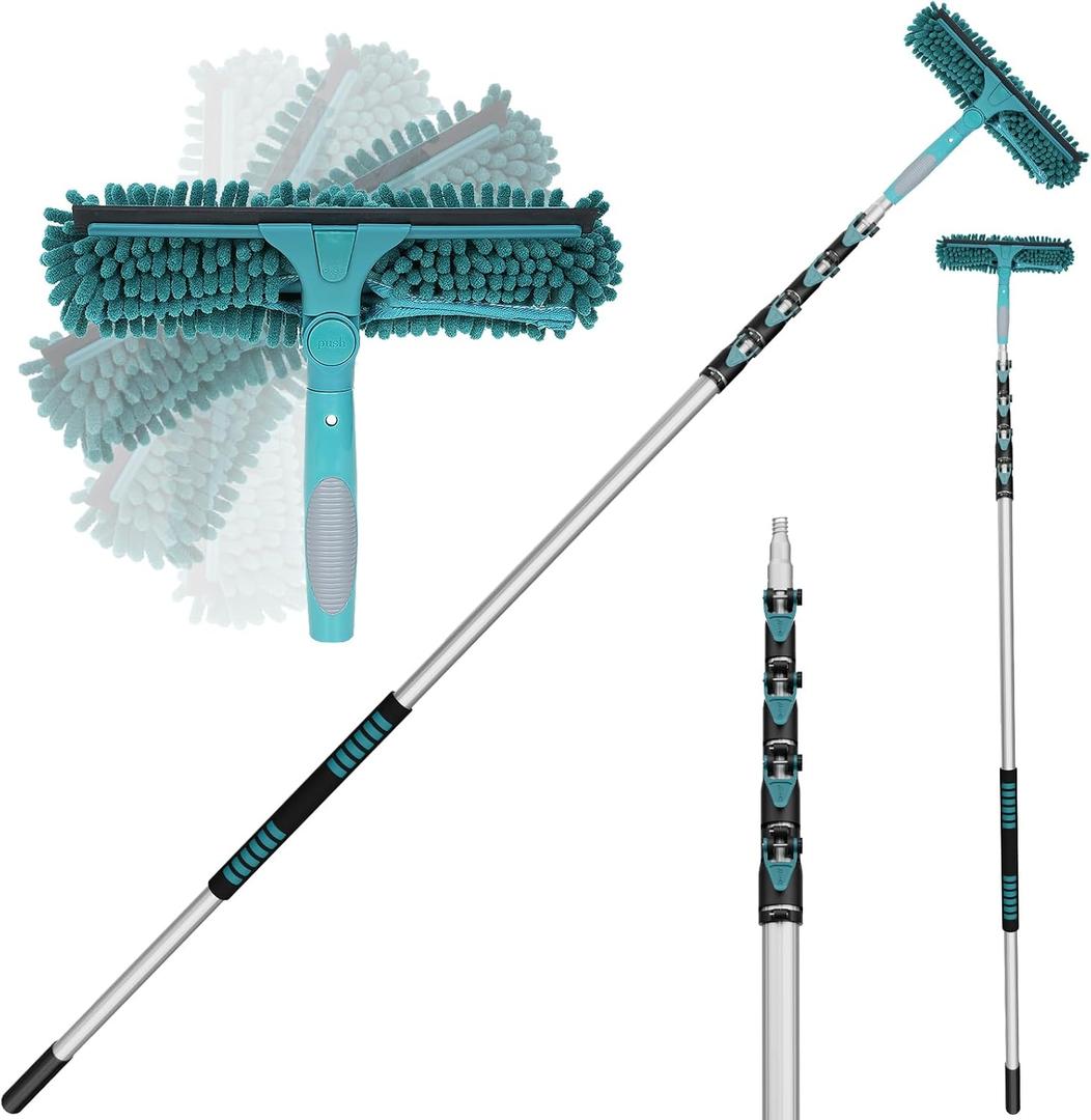TelesPro 30 Feet High Reach Window Squeegee with 6-24 Ft Extension Pole, Window Cleaner Tool with 5-Stage Telescoping Pole, Window Cleaning Kit with Rotatable Head (2 Squeegee & 2 Microfibre Cloths)