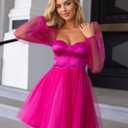 Women Sweetheart Neck Puffy Sleeve A-line Dress Built in Bra Tulle Satin Prom Ball Gown Party Dress (Pink, M)