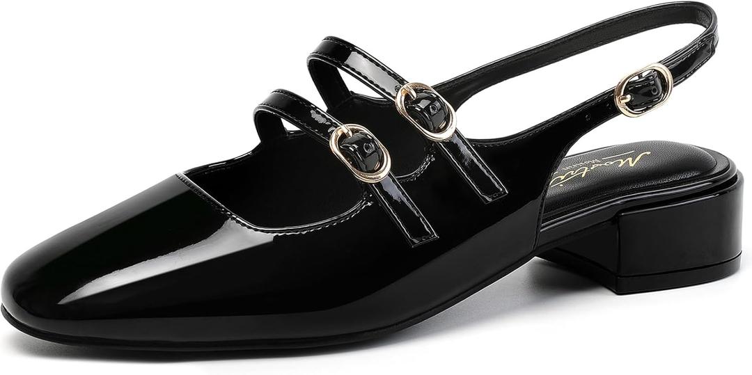 Mostrin Mary Jane Shoes Women Slingback Chunky Low Heels for Women Closed Rounded Toe Ankle Strap Pumps Daily Wedding Party Dress Shoes (7, Black)