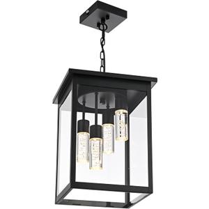 Large 5CCT LED Outdoor Pendant Light Fixtures, Black Exterior Hanging Lantern Lamp LED Integrated Bulbs Included, Farmhouse Exterior Chandelier Ceiling Mount for Entrance Patio