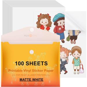 HTVRONT Printable Vinyl Sticker Paper, 100 Sheets Matte Waterproof Sticker Paper For Inkjet Printer Dries Quickly-Standard Letter Size 8.5"X11"