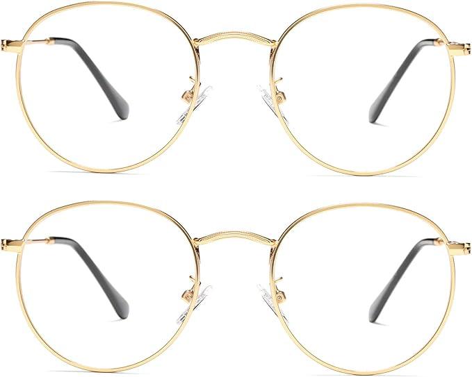 Braylenz Vintage Round Metal Glasses Frame with Clear Lens, 2 Pack Women Men Non-Prescription Eyeglasses, Gold