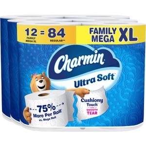 Charmin Ultra Soft Cushiony Touch Toilet Paper, 12 Family Mega XL Rolls = 84 Regular Rolls