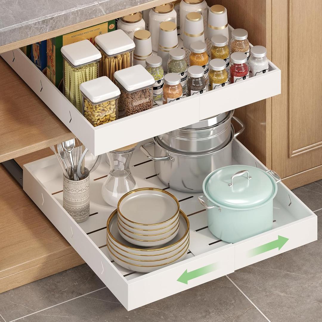 2-Pack-Expandable-Pull-Out-Cabinet-Organizers For Kitchen, Adjustable Slide Out No Drill Adhesive Drawers With Raising Pad For Framed Cabinet, Heavy Duty Sliding Roll Out Shelves Inside Cabinet