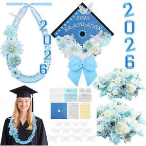 Dunzoom 100 Pcs DIY Blue Graduation Leis and Cap Decorations Kit 55''Double Braided Graduation Ribbon Lei Artificial Flower 3D Butterfly Glitter Paper Grad Cap Topper Accessory for 2026 Grad