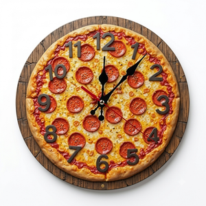 Pepperoni Pizza Clock Wall Decor Unique Home Kitchen Gift 2D 10 Inch Silent Wall Clock Battery Operated, Frameless Wooden Round Clock with Quartz Movement for Bathroom, Kitchen, Living Room, Bedroom