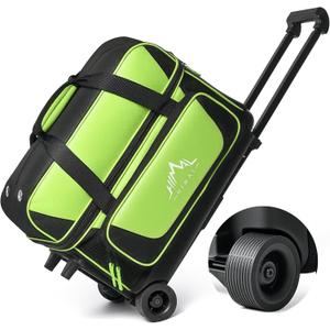 Double Roller 2 Ball Bowling Bag with Separate Shoe Compartment for Bowling Shoes (Up To US Mens Size 15) and Oversized Accessory Pocket, Retractable Handle - Extends to 40" (Black-Green)