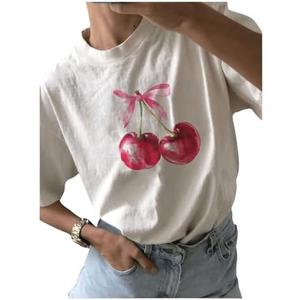 QJQ Women's Graphic Oversized Tshirts Cherry Bow Short Sleeve Crewneck Tees Casual Summer Trendy Vintage Tops, Size M