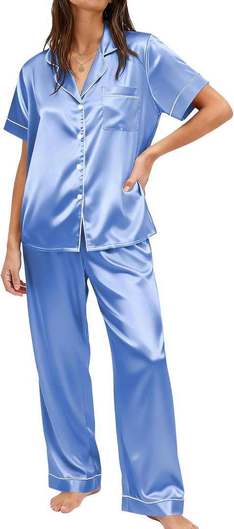 Ekouaer Womens Silky Satin Pajamas Set Short Sleeve Button Down Sleepwear 2 Piece Lounge Set Pj Set (X-Large, Blue)