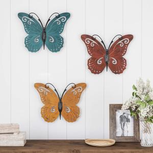 Butterfly Metal Wall Art 3-Piece-Set - Hand Painted Decorative 3D Butterflies for Rustic Farmhouse Office or Home Decor by Lavish Home