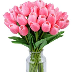 SITUMEIZI 15pcs Fake Tulips Artificial Flowers Real Touch Pink 14" PU Flower for Home Kitchen Decor Spring Easter Wedding Bouquet Decorations Office Valentine's Day Gifts(Rose Red)